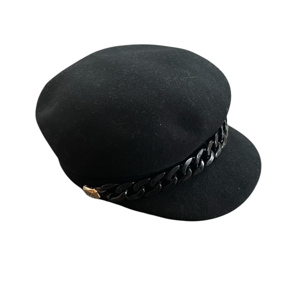 NWT 100% Wool Black News Boy Hat With Chain Detail